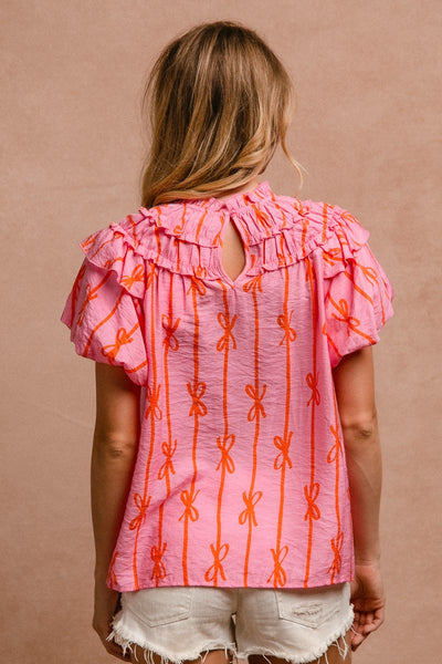 PINK BOW BUBBLE SLEEVE TOP