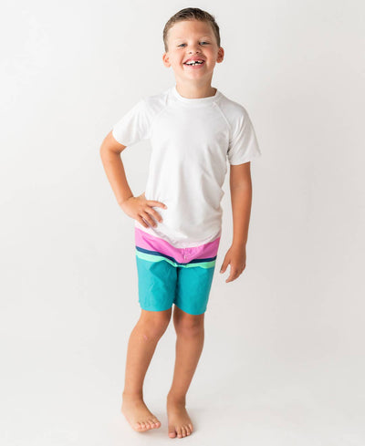 Boys Aqua Color Block Swim Trunks