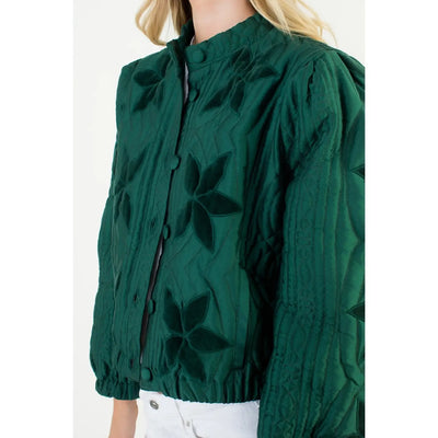 Green Flower Detail Velvet Quilted Jacket