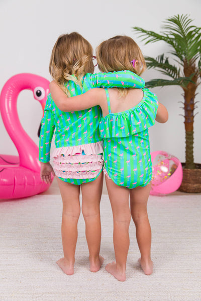 Girls Flamingo One Shoulder Ruffle One Piece