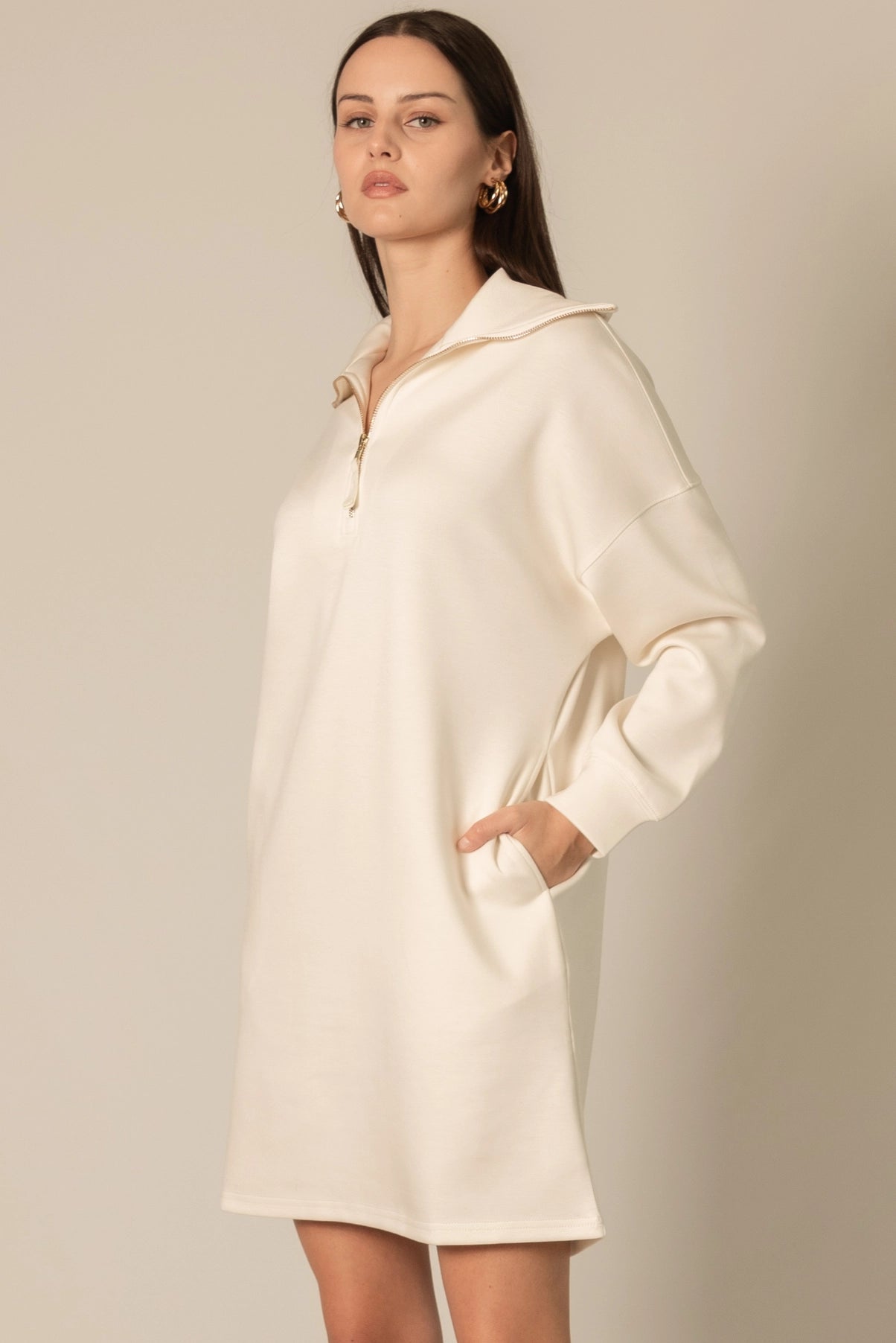 Butter Modal Ivory Zip Up Long Sleeve Dress
