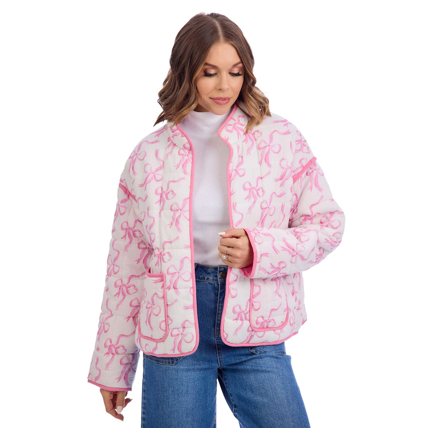 White Cher Pink Bow Quilted Jacket