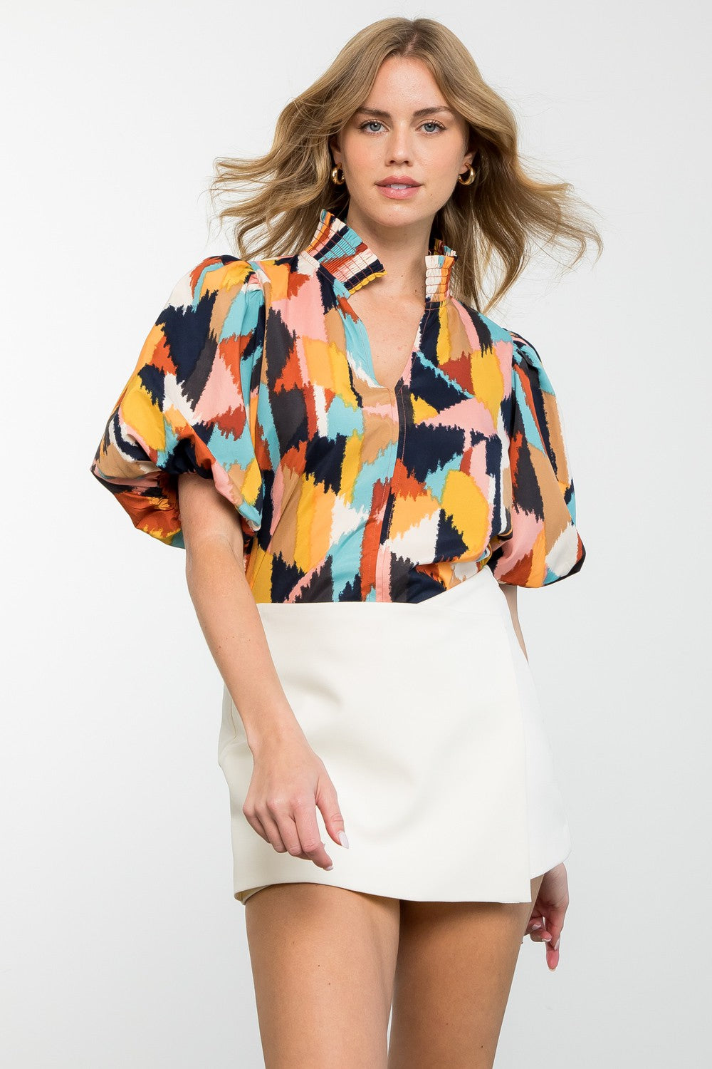 Multi Color Pattern Puff Sleeve Top