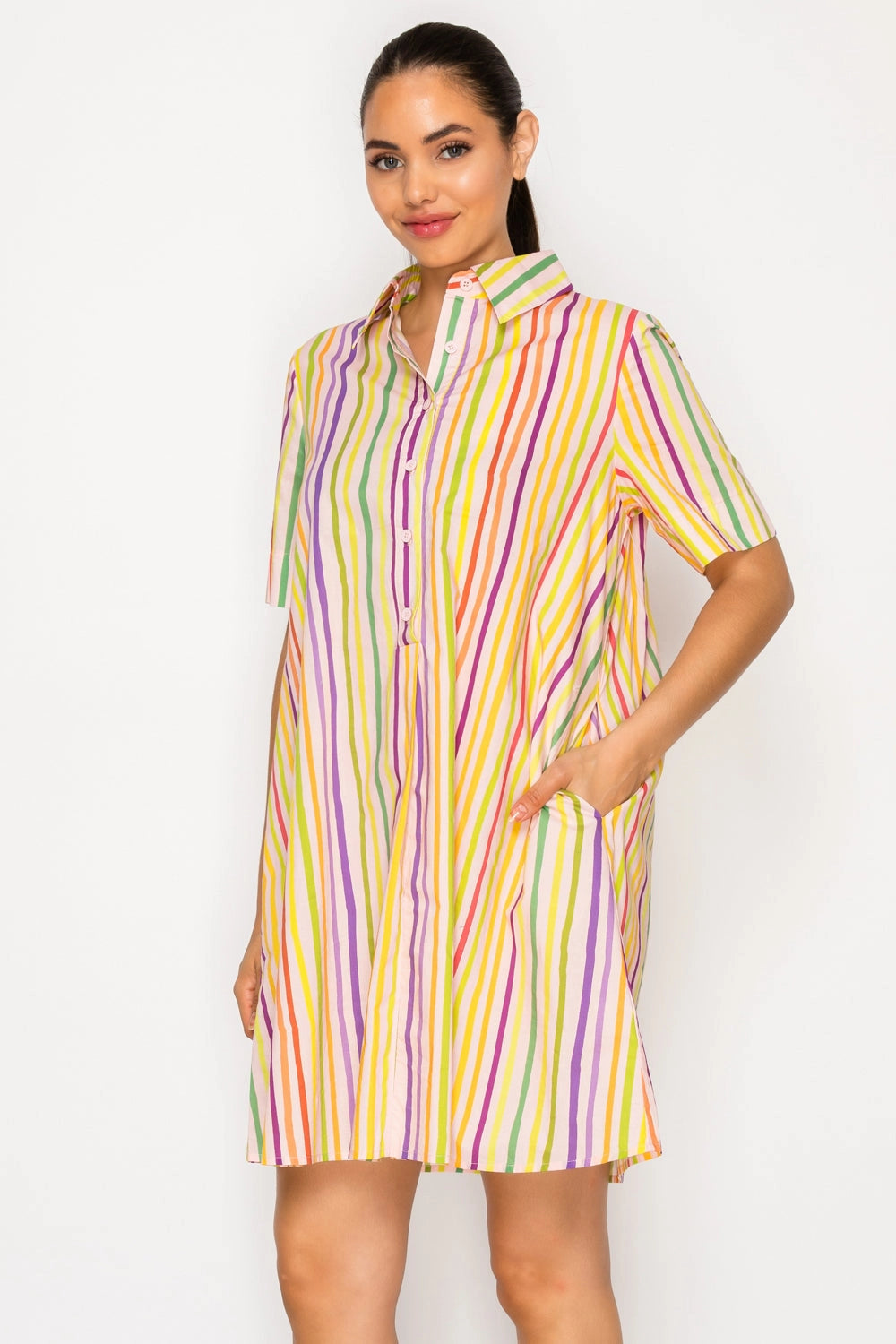 multicolor striped shirt dress Rainbow Striped Maxi Shirt Dress In MULTI-A