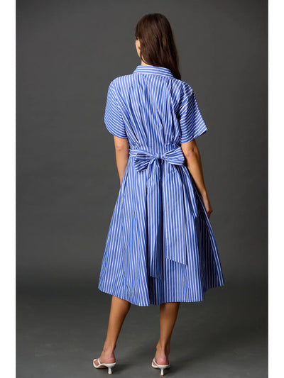 Blue Stripped Tie Waist Midi Shirt Dress