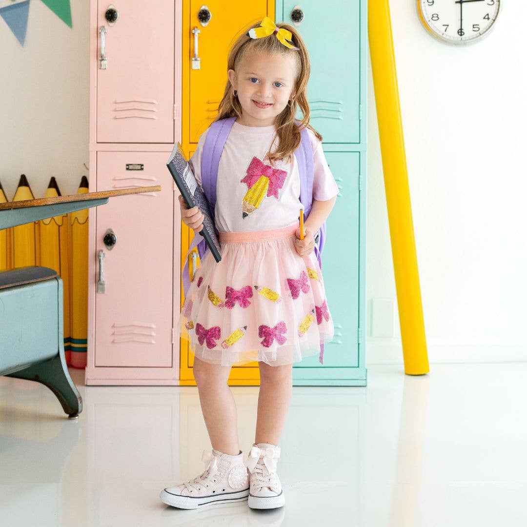 Girls Pencil Bow Sequin Patch T-Shirt