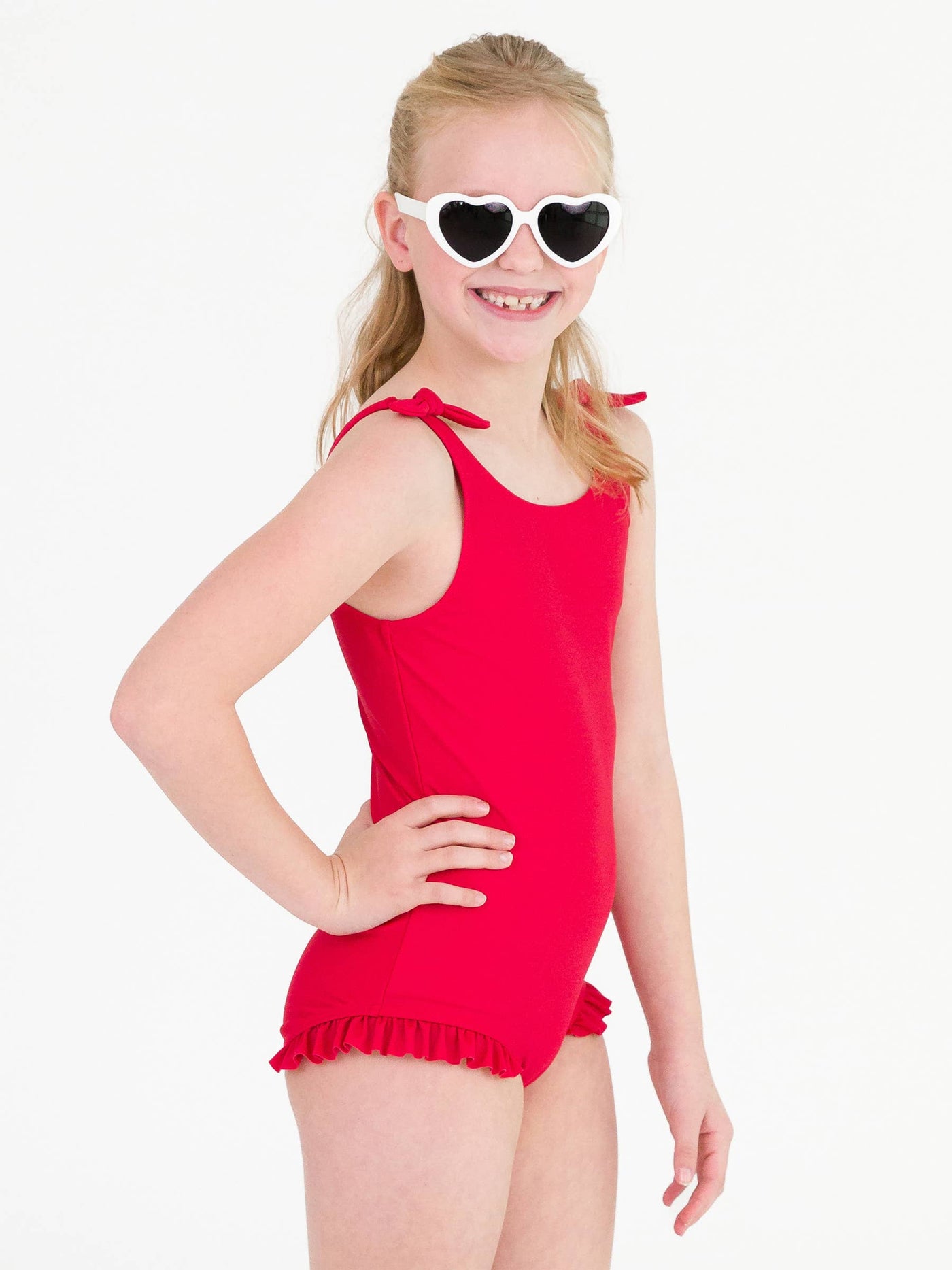 Girls Red Tie Shoulder Bathing Suit