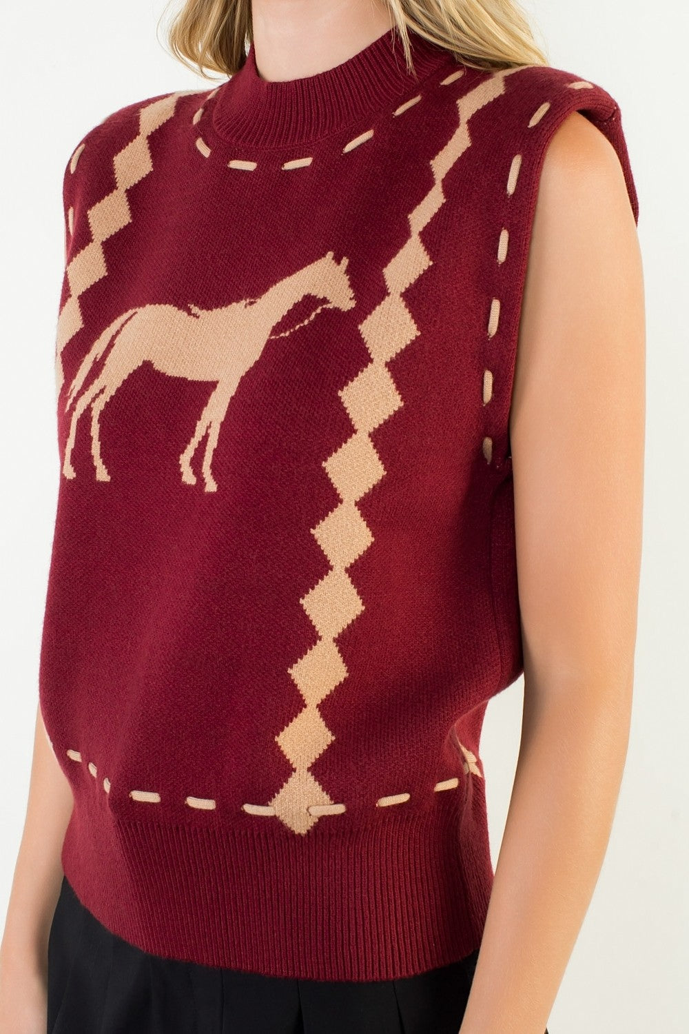 Burgundy Sleeveless Horse Knit Vest