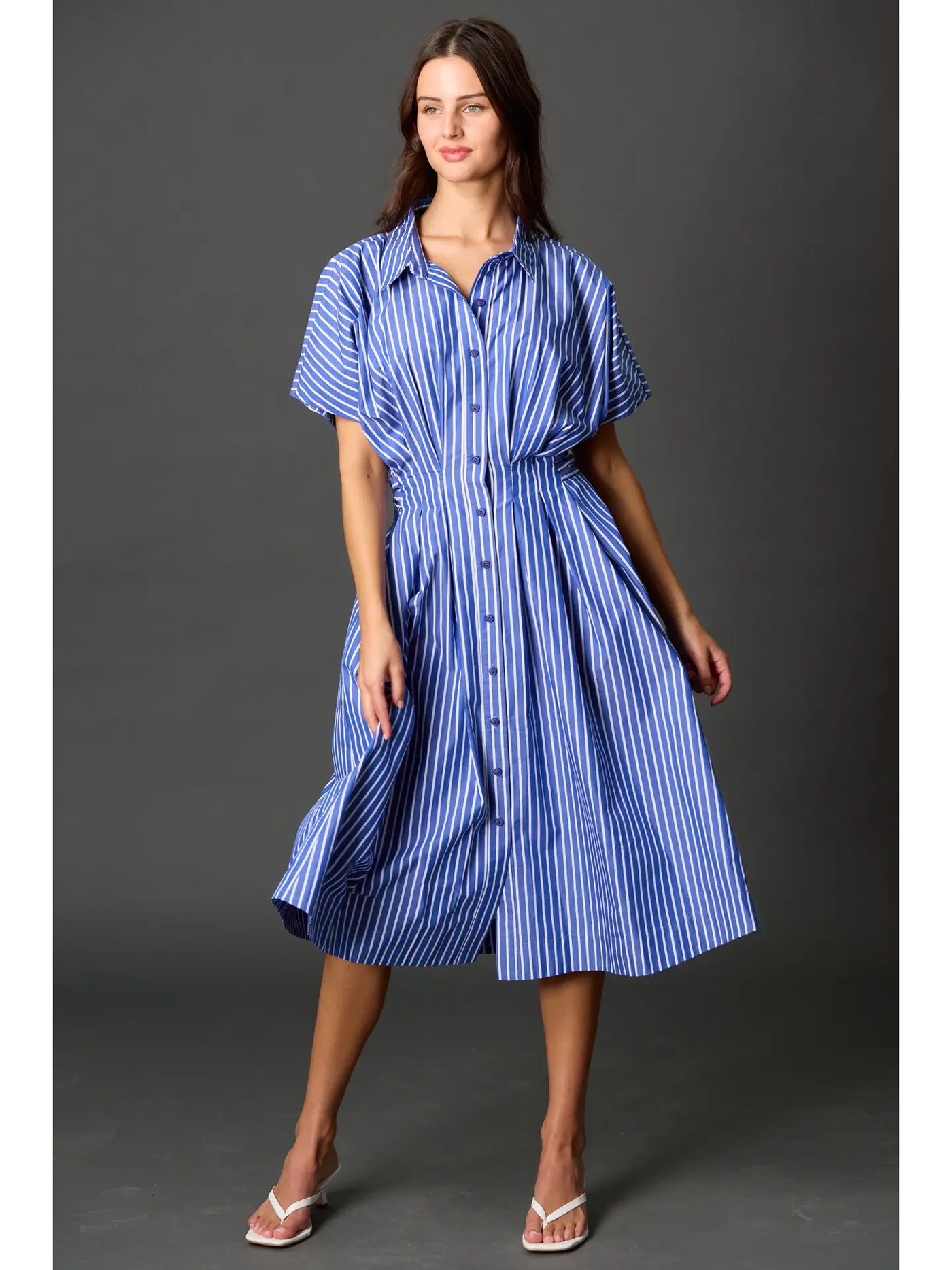 Blue Stripped Tie Waist Midi Shirt Dress