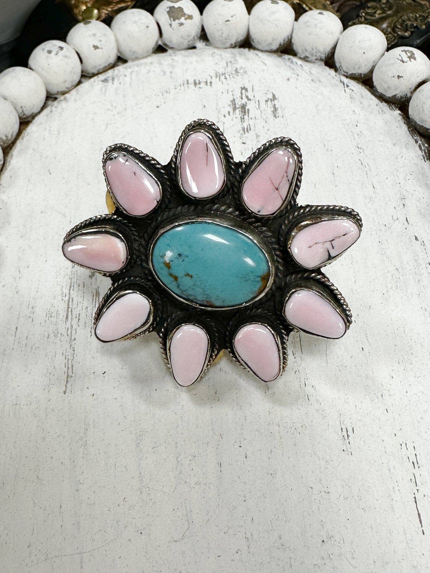 Turquoise and Pink Blossom Ring