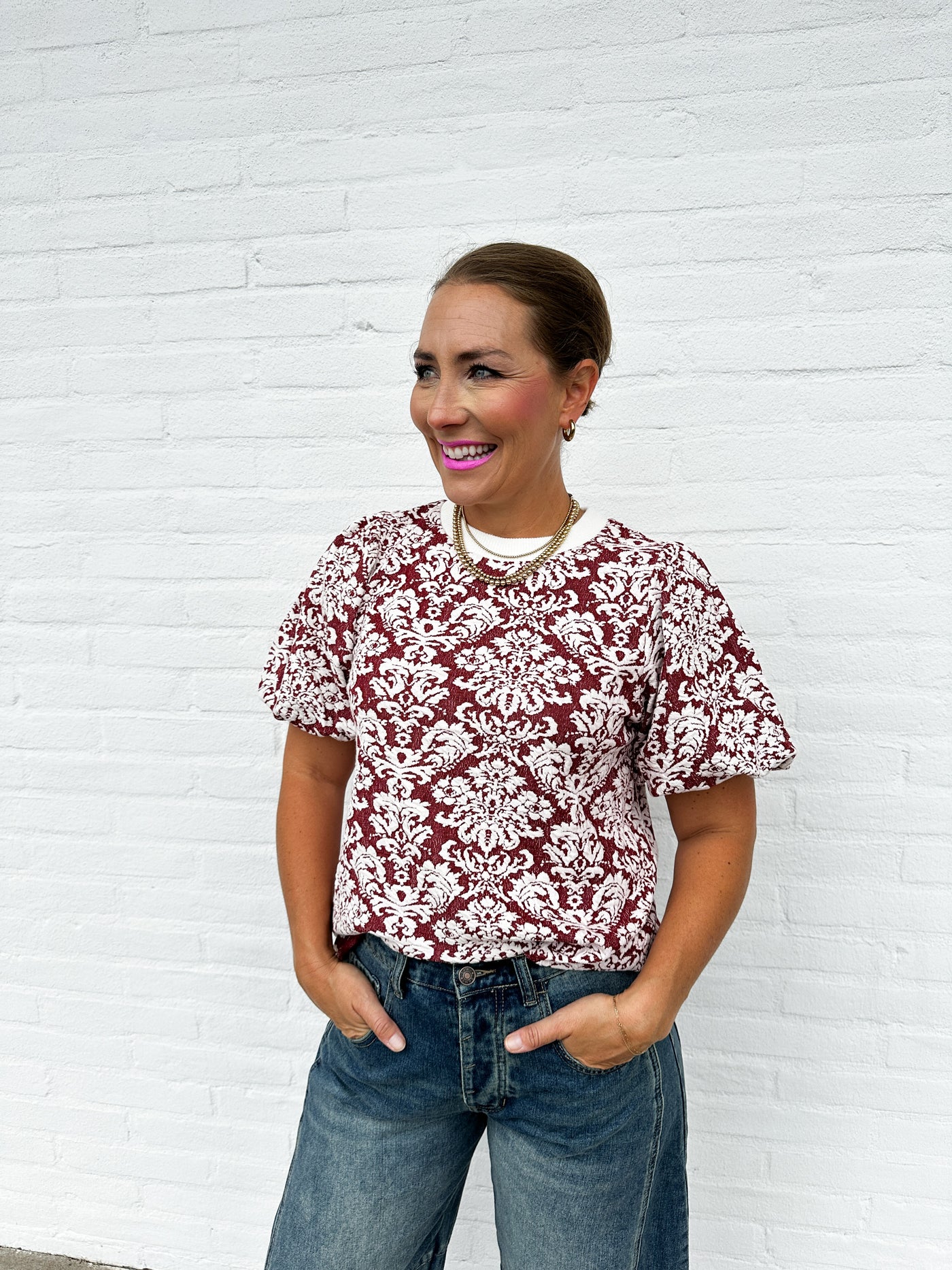 Burgundy Textured Puff Sleeve Top