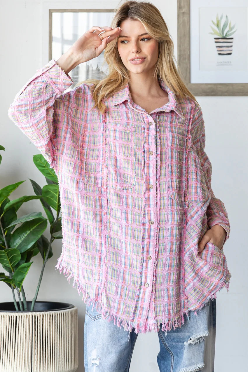 Pink WASHED PLAID MIXED TOP