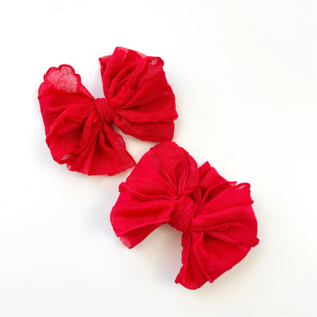 Girls Bright Red Piggy Ruffle Bow Clips