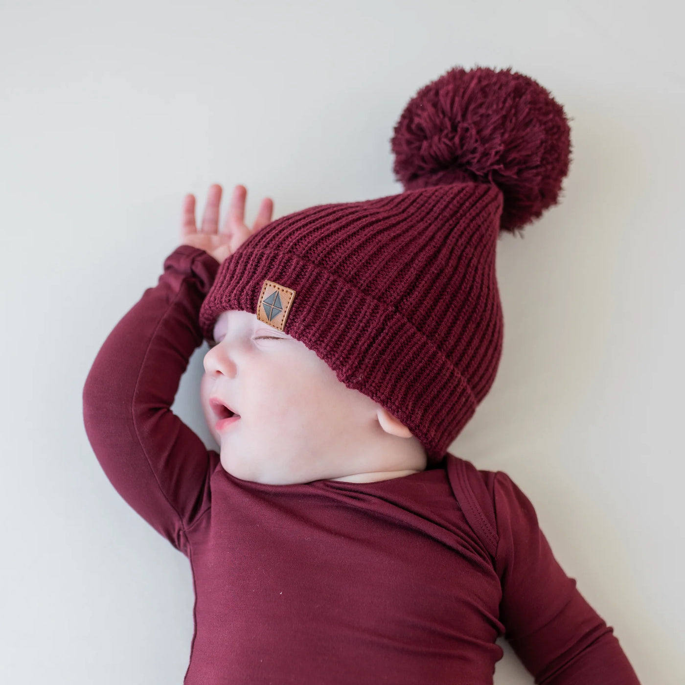 Chunky Knit Pom Beanie in Burgundy