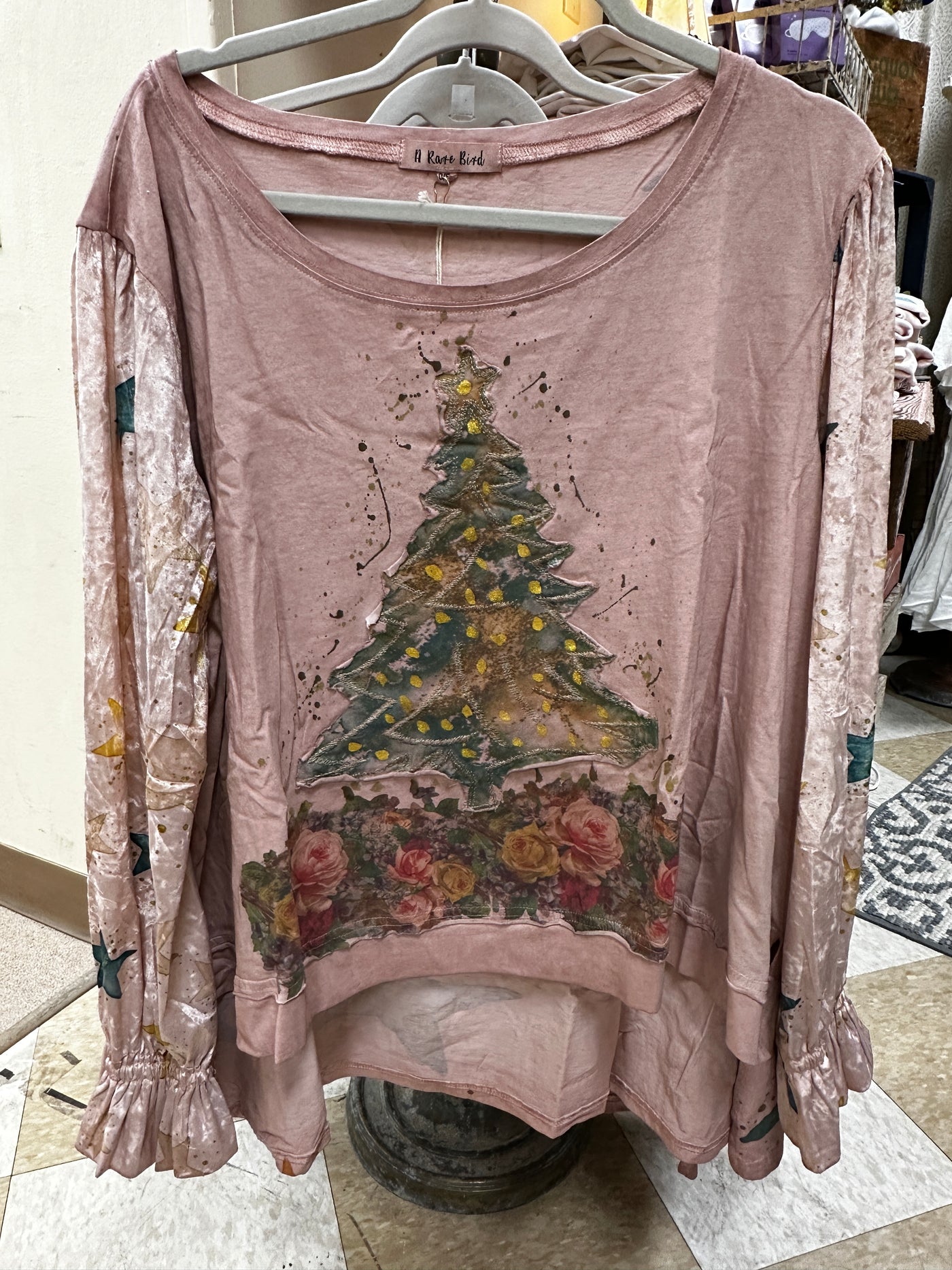 Pink Vintage Roses & Christmas Tree Shirt