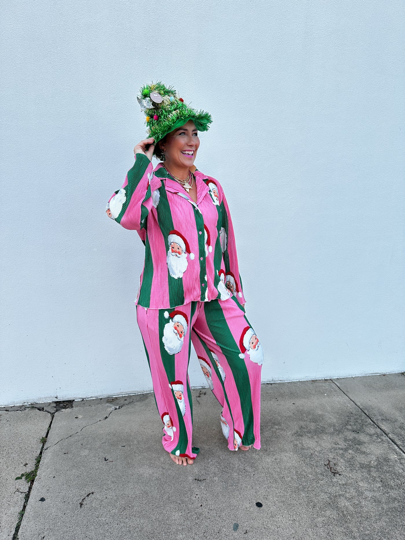 Santa Pink & Green Stripe Pajama Pant Set