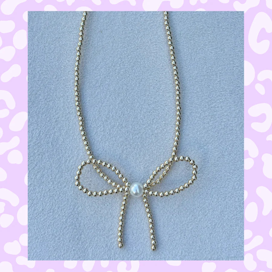 Gold Bow Necklace with Pearl