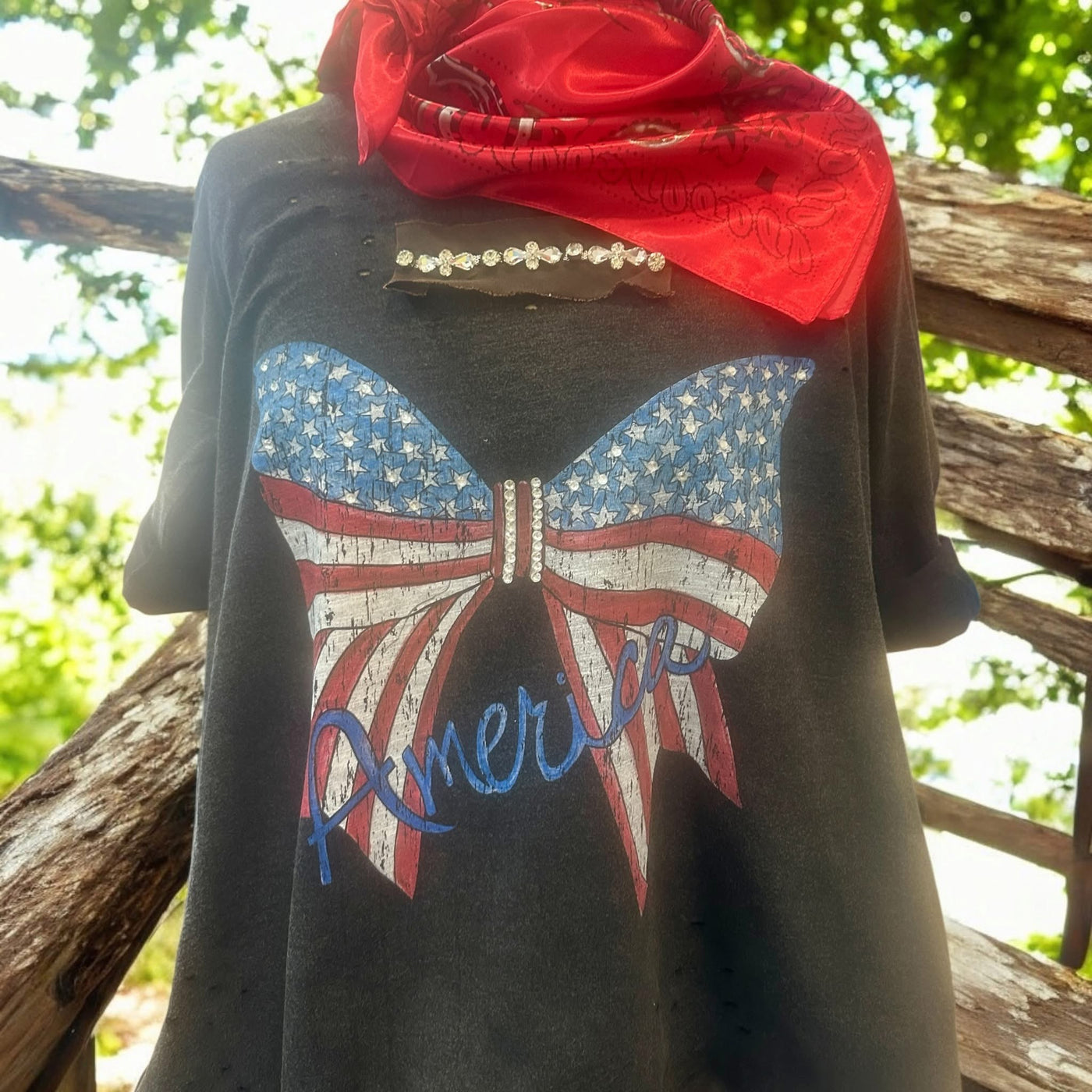 America Patriotic Bow Tattered Tee