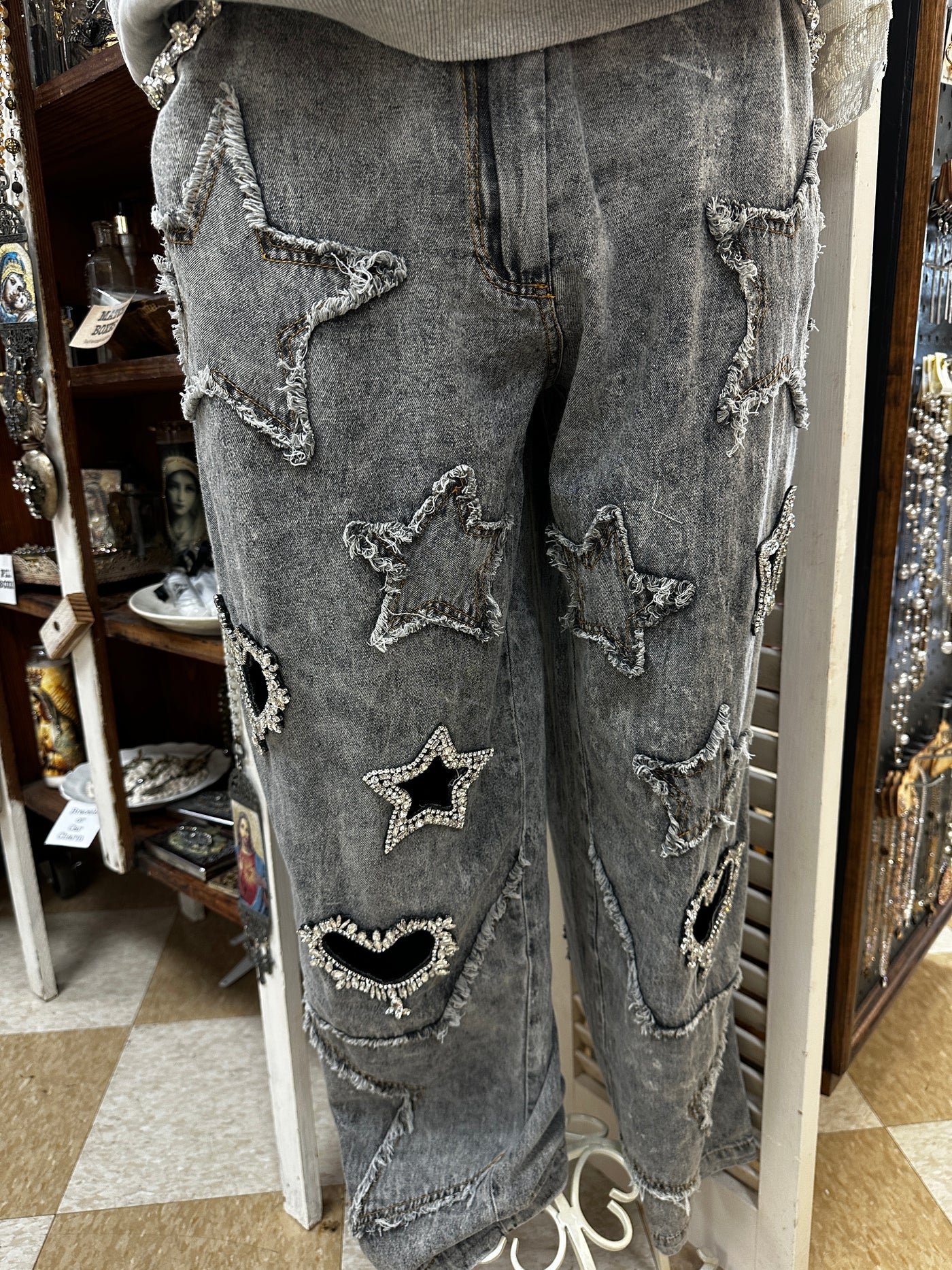 Distressed Black Star Heart Sparkle Jeans
