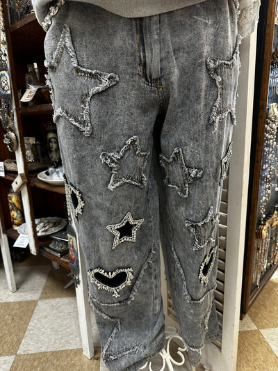 Distressed Black Star Heart Sparkle Jeans