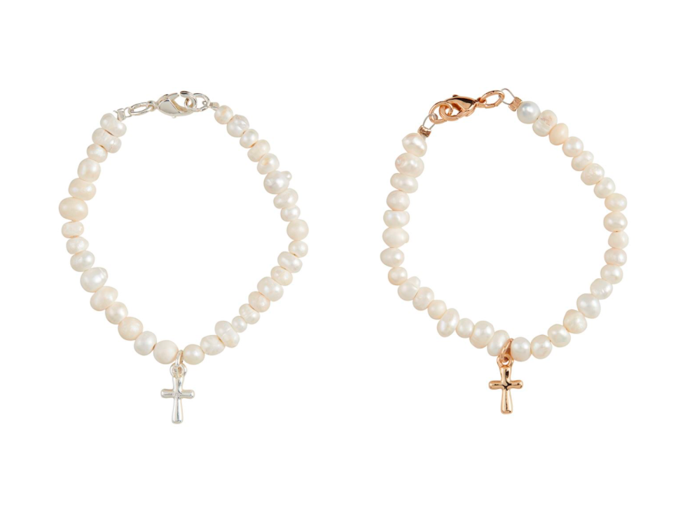 Girls Gold or Silver Cross Pearl Bracelet