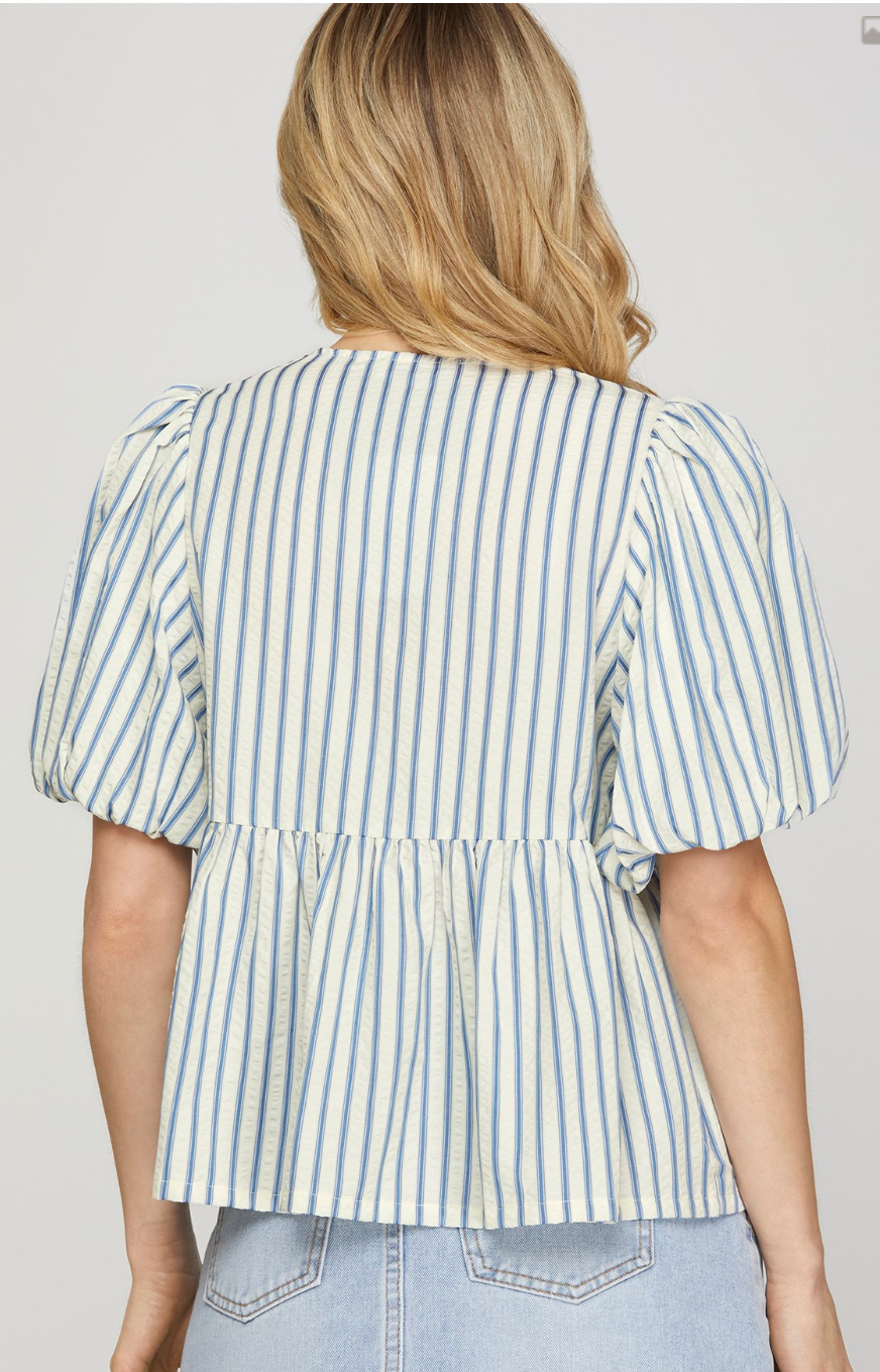 Blue BOW TIED STRIPED PEPLUM TOP