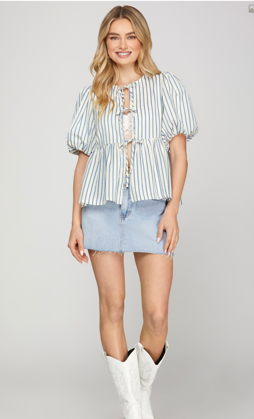 Blue BOW TIED STRIPED PEPLUM TOP