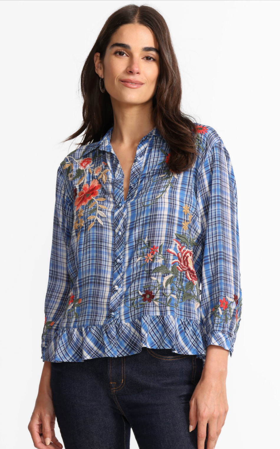 Helena Plaid Peplum Ruffle Hem Shirt