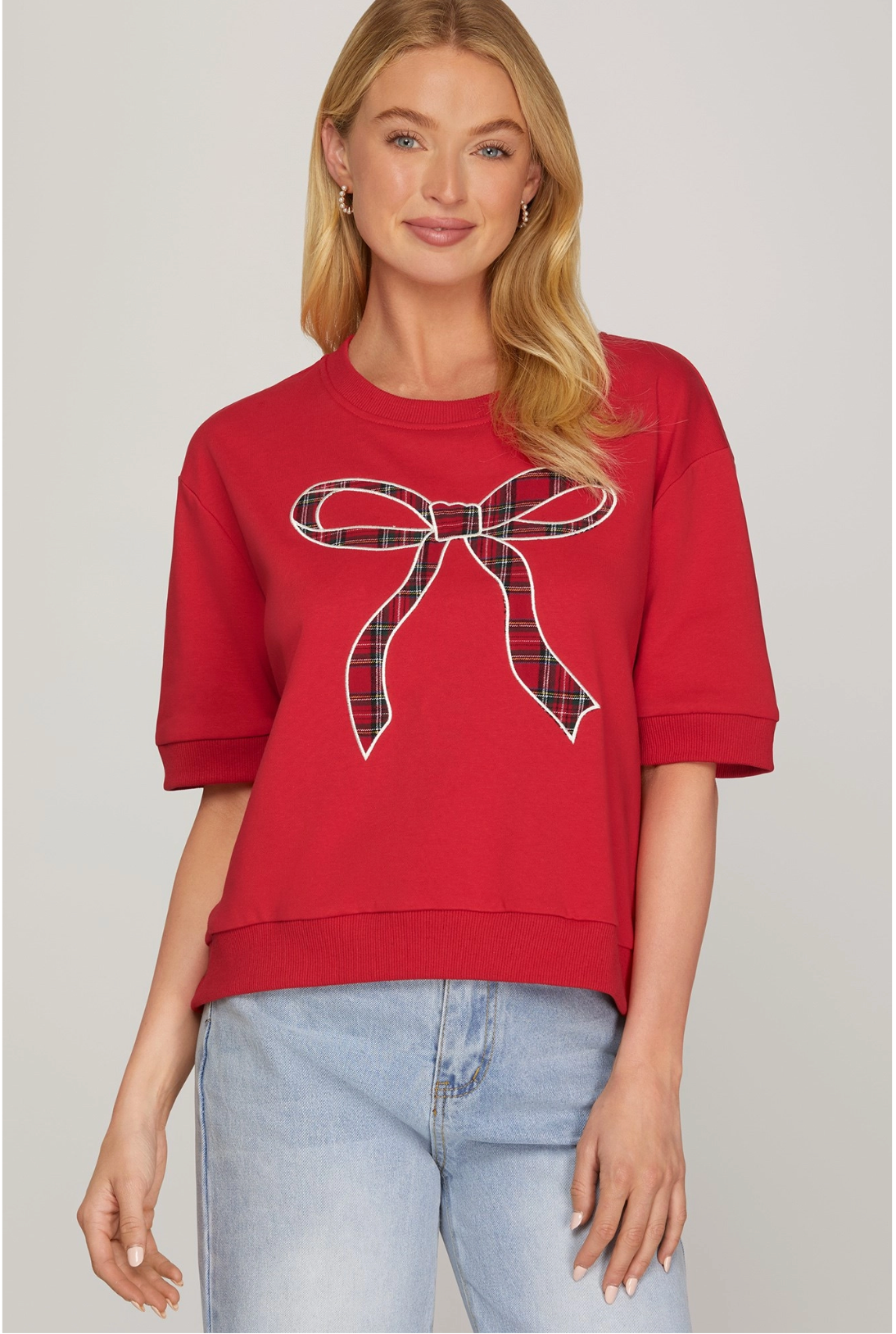 CHRISTMAS SHORT SLEEVE RED PLAID BOW KNIT TOP