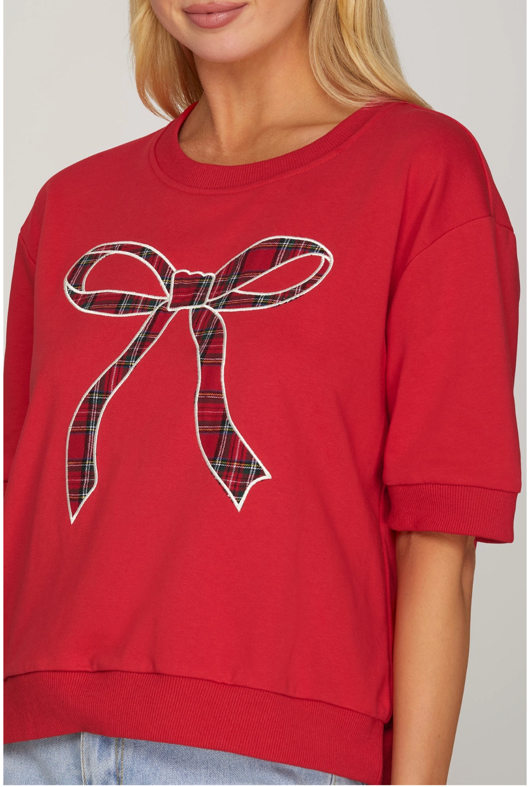 CHRISTMAS SHORT SLEEVE RED PLAID BOW KNIT TOP