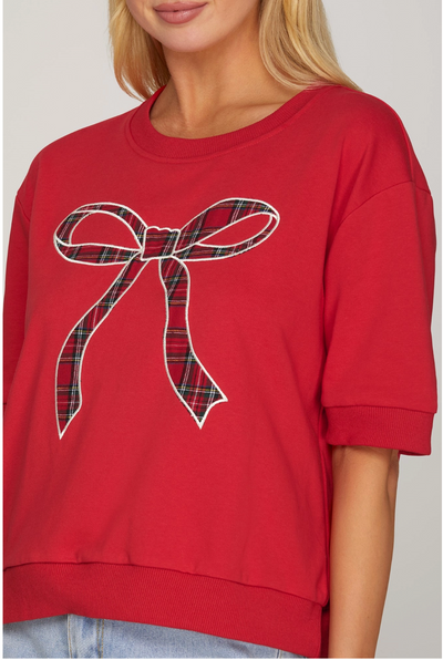 CHRISTMAS SHORT SLEEVE RED PLAID BOW KNIT TOP