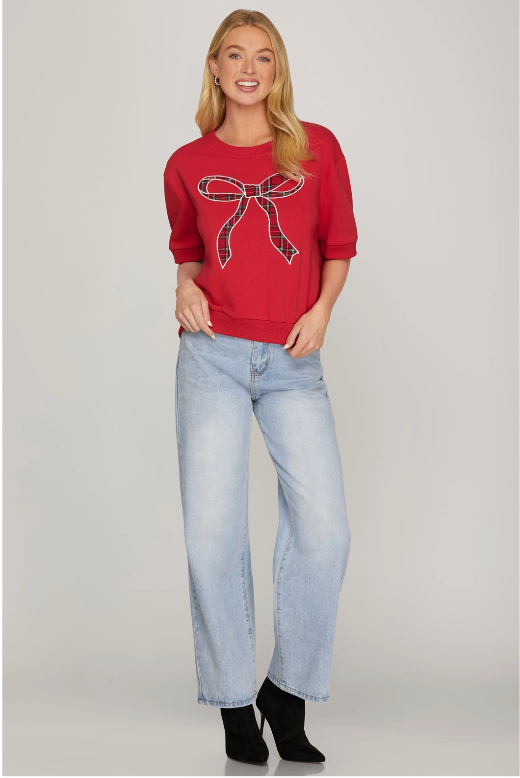 CHRISTMAS SHORT SLEEVE RED PLAID BOW KNIT TOP