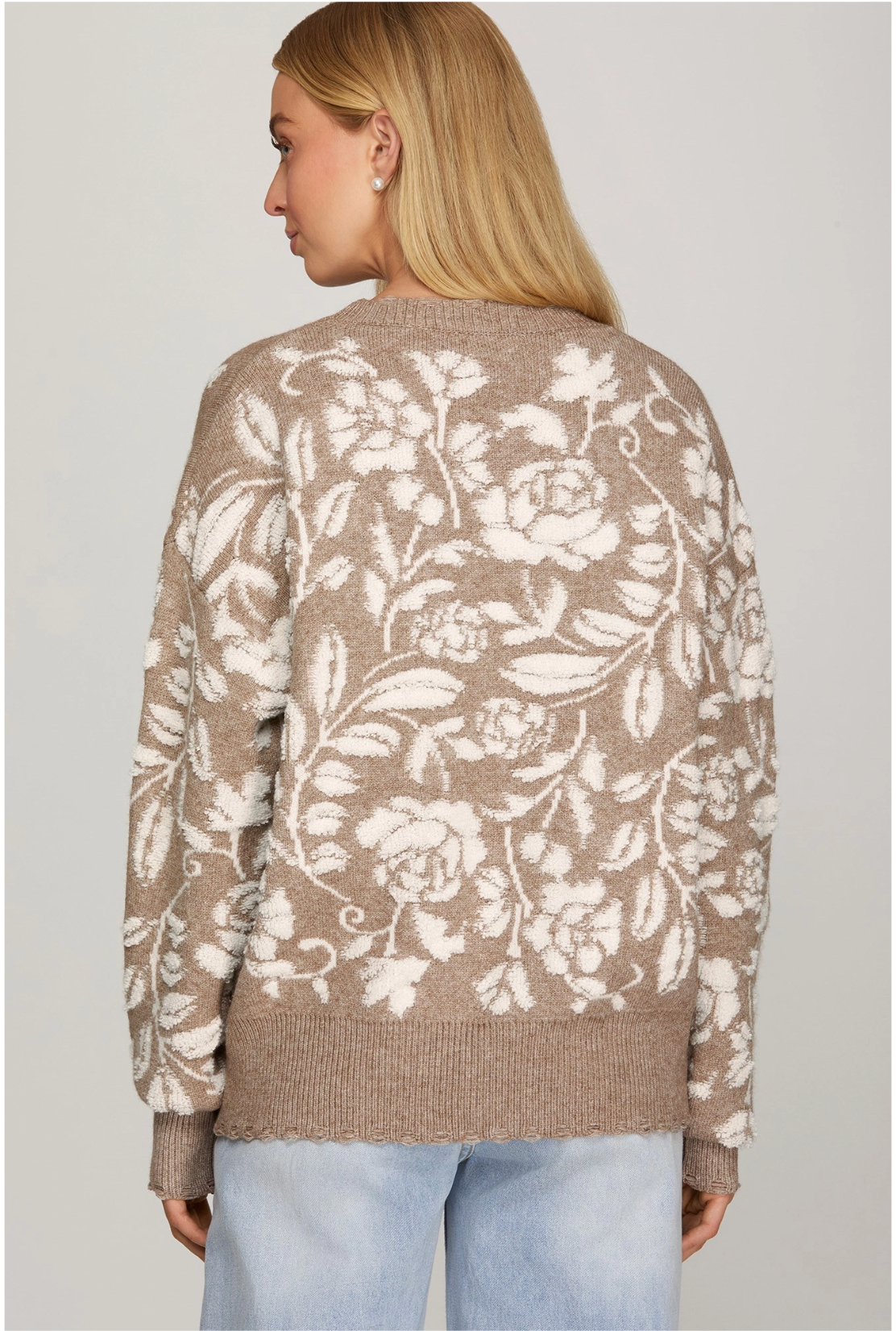 FLOWER PATTERNED LIGHT MOCHA SWEATER