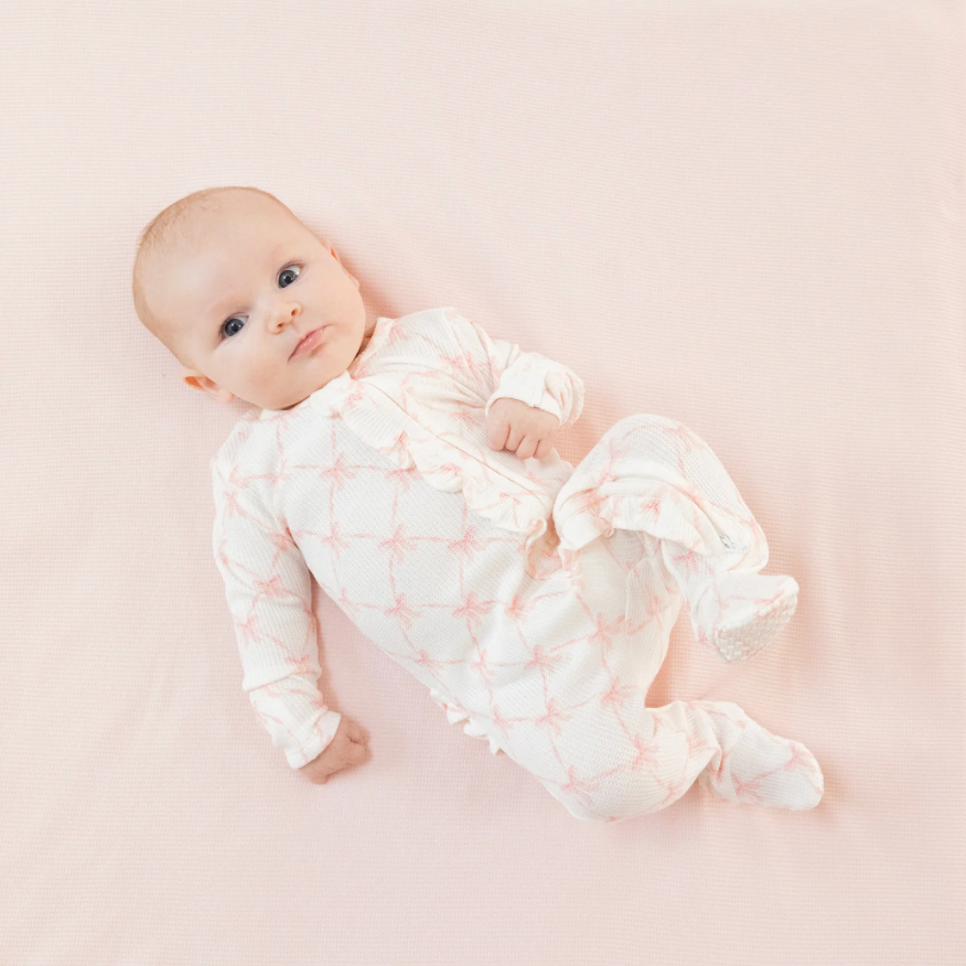 Ribbon Bow Trellis Ruffle Zipper Footie