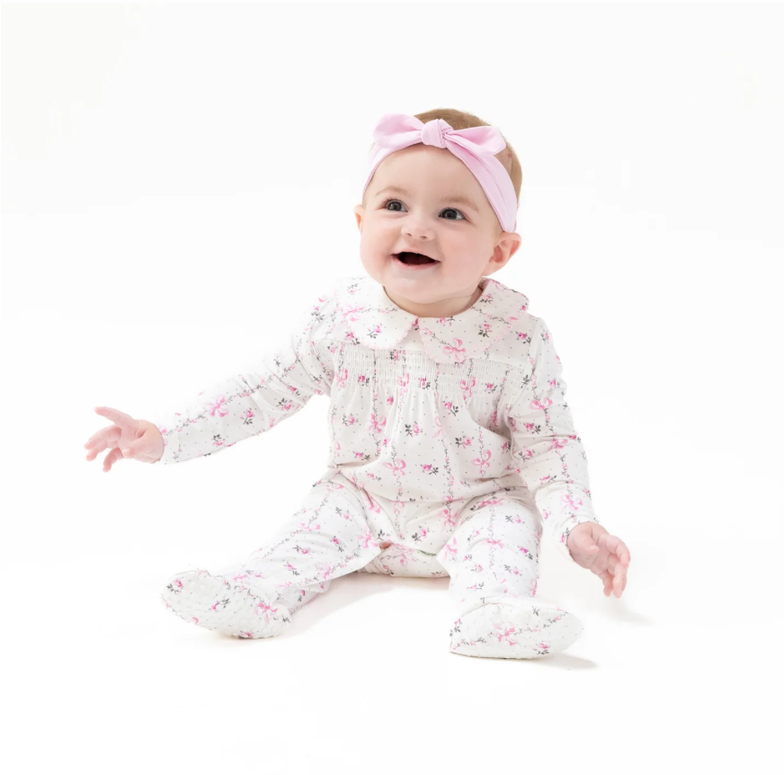 Dainty Buds and Bows Stripe Smocked Footie
