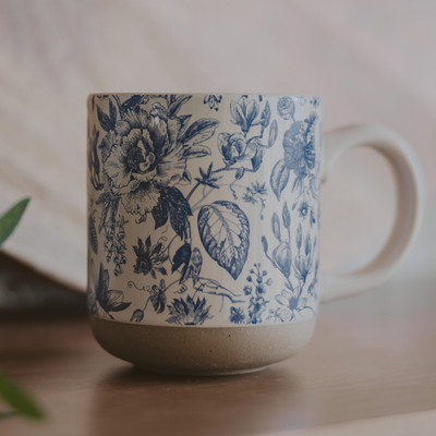 Blue Floral Stoneware Coffee Mug