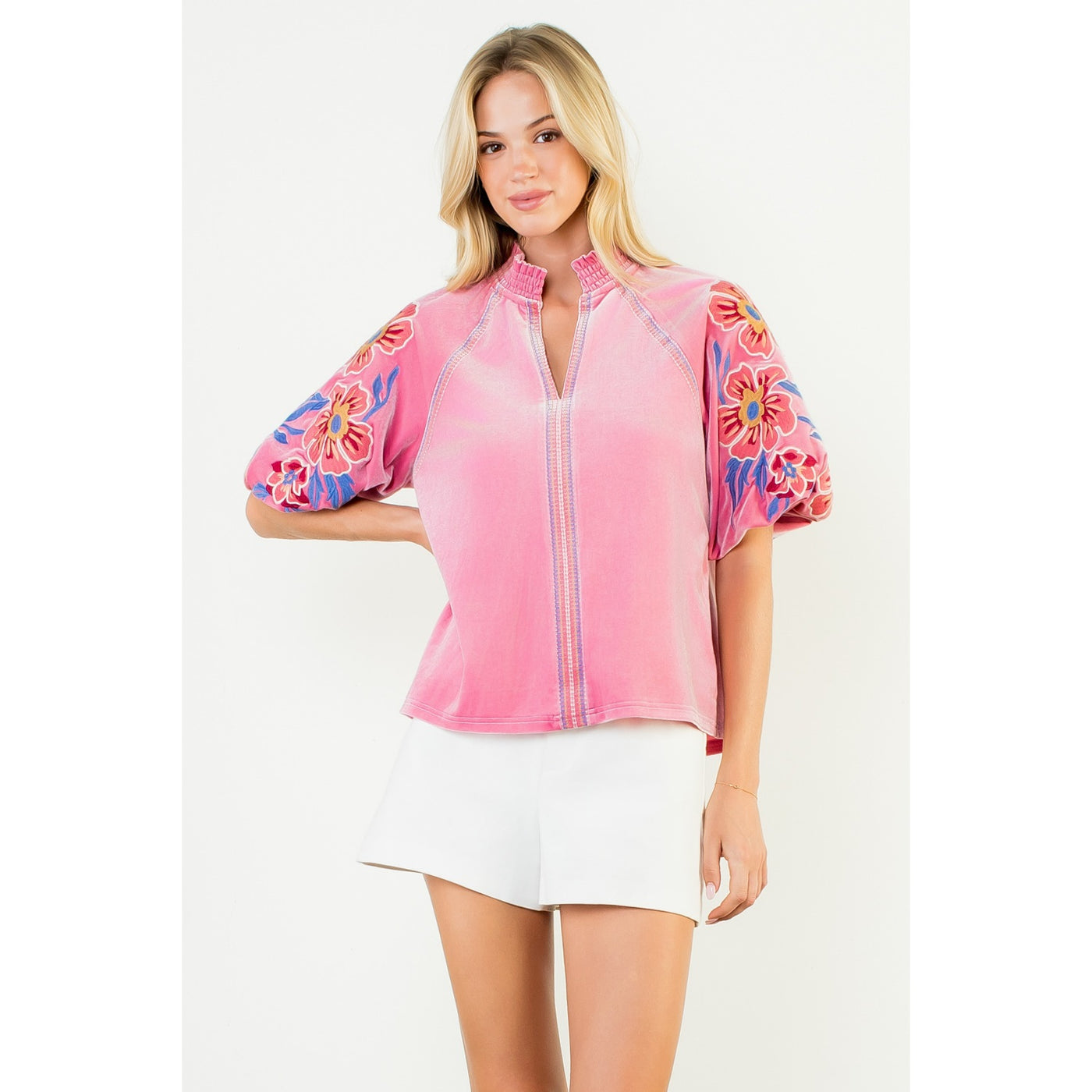 Pink Velvet Floral Embroidery Top