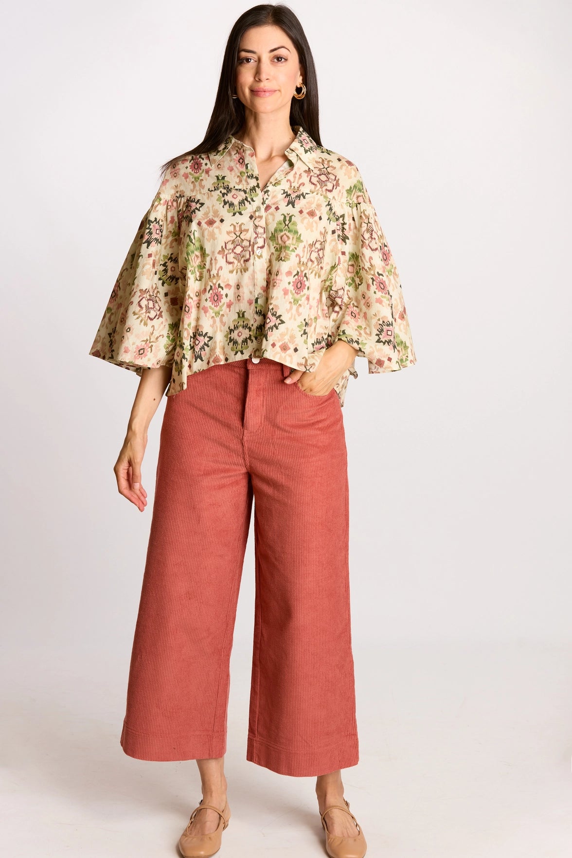 Ikat Print Flowy Sleeve Shirt