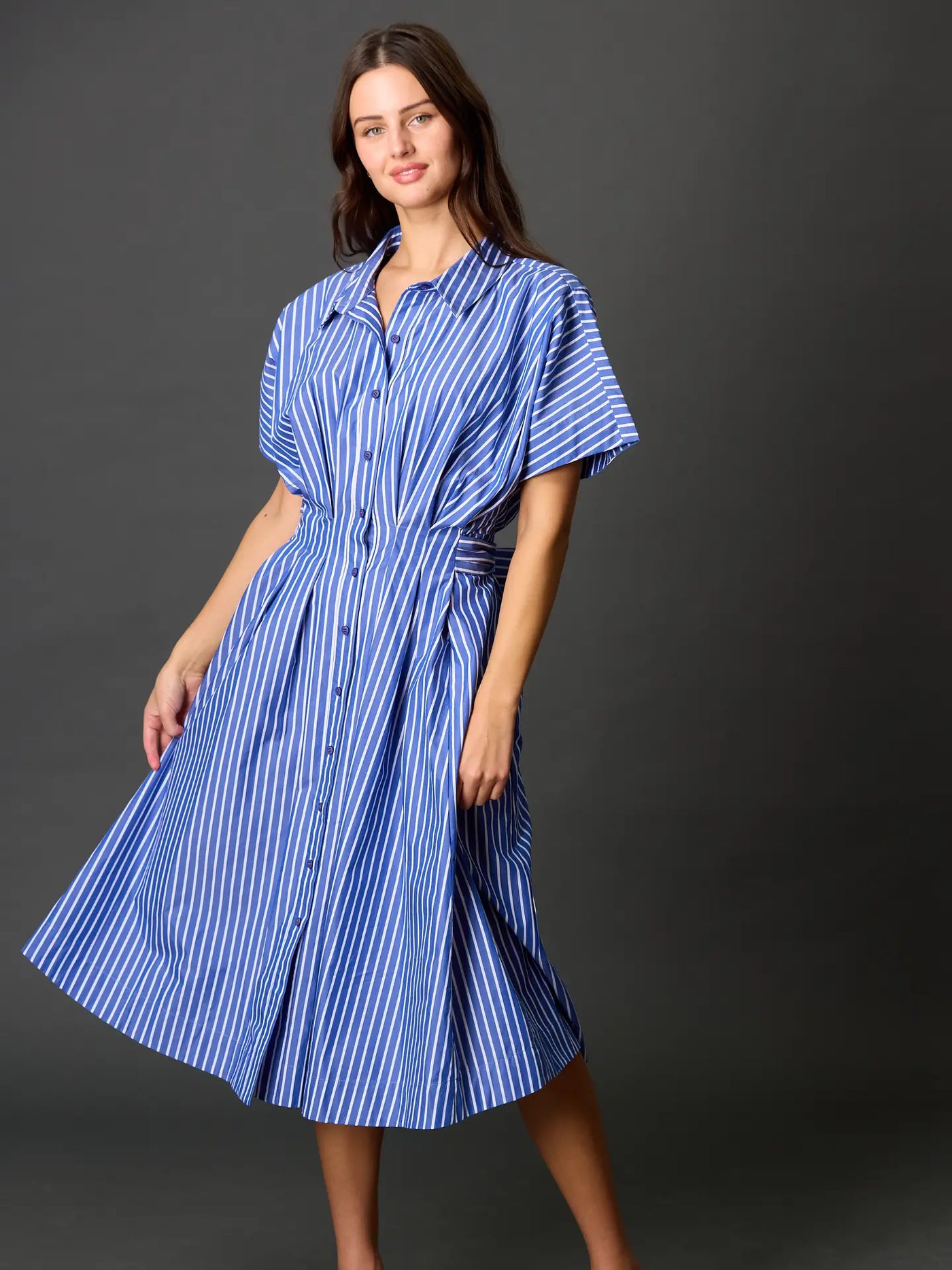 Blue Stripped Tie Waist Midi Shirt Dress