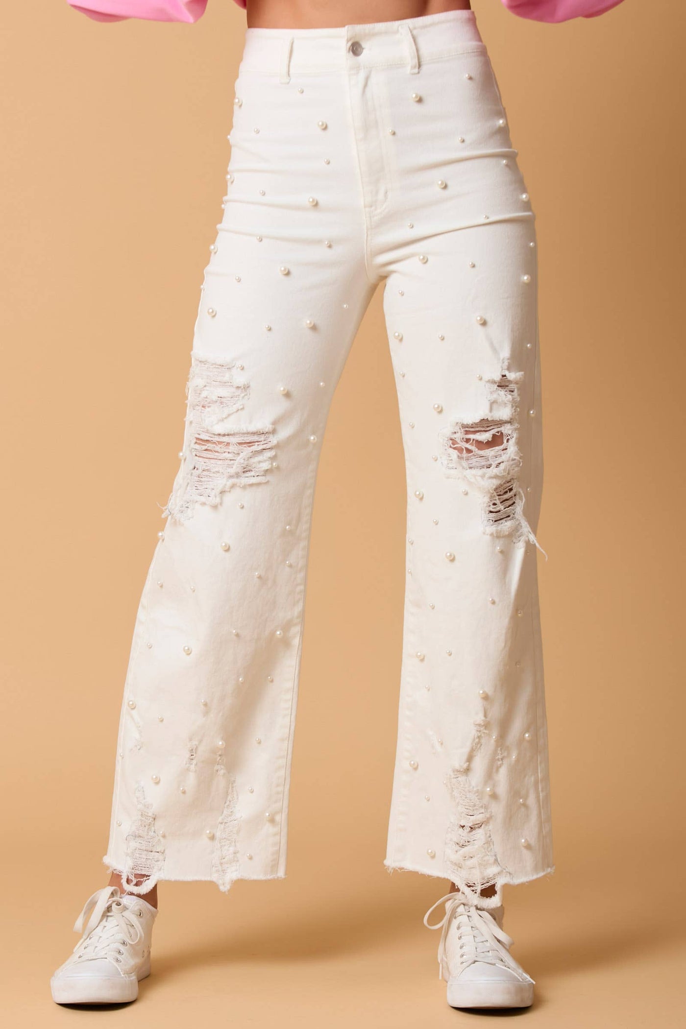 White Pearl Trim Straight Leg Pants