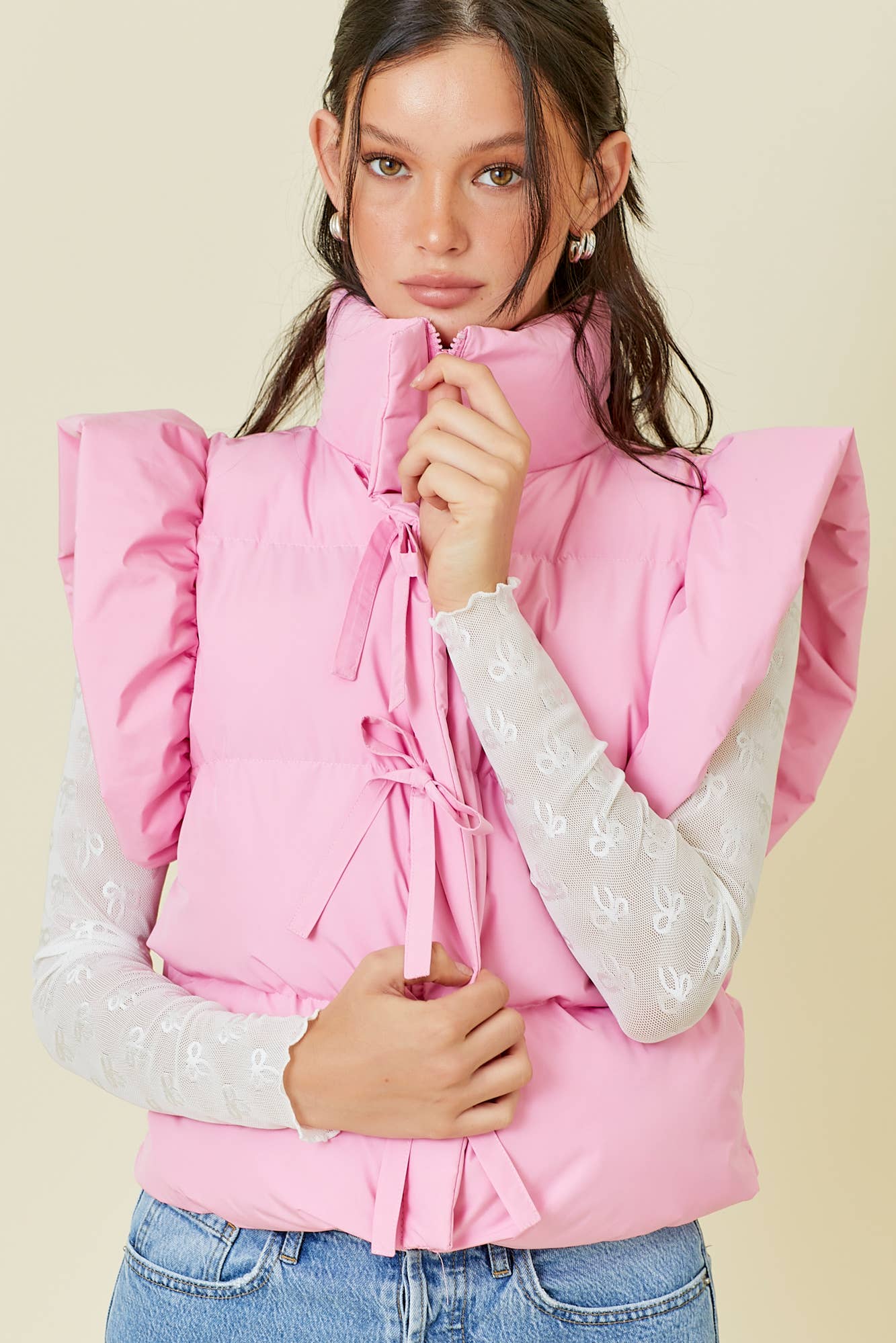Pink Bow Tie Ruffle Puffer Vest