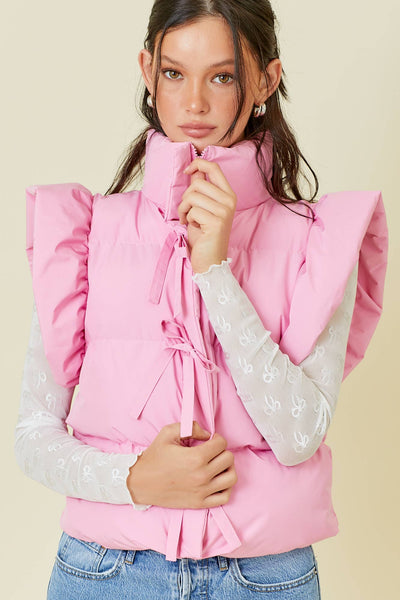 Pink Bow Tie Ruffle Puffer Vest