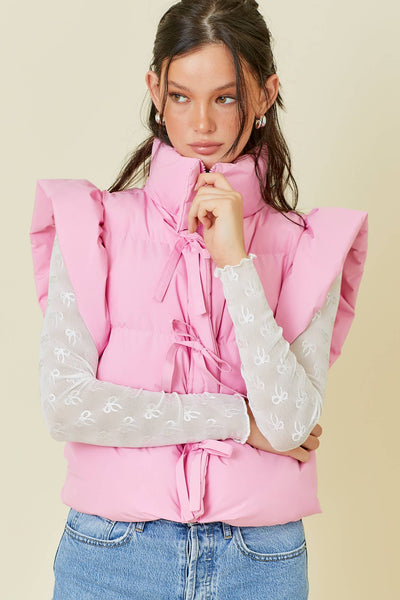 Pink Bow Tie Ruffle Puffer Vest
