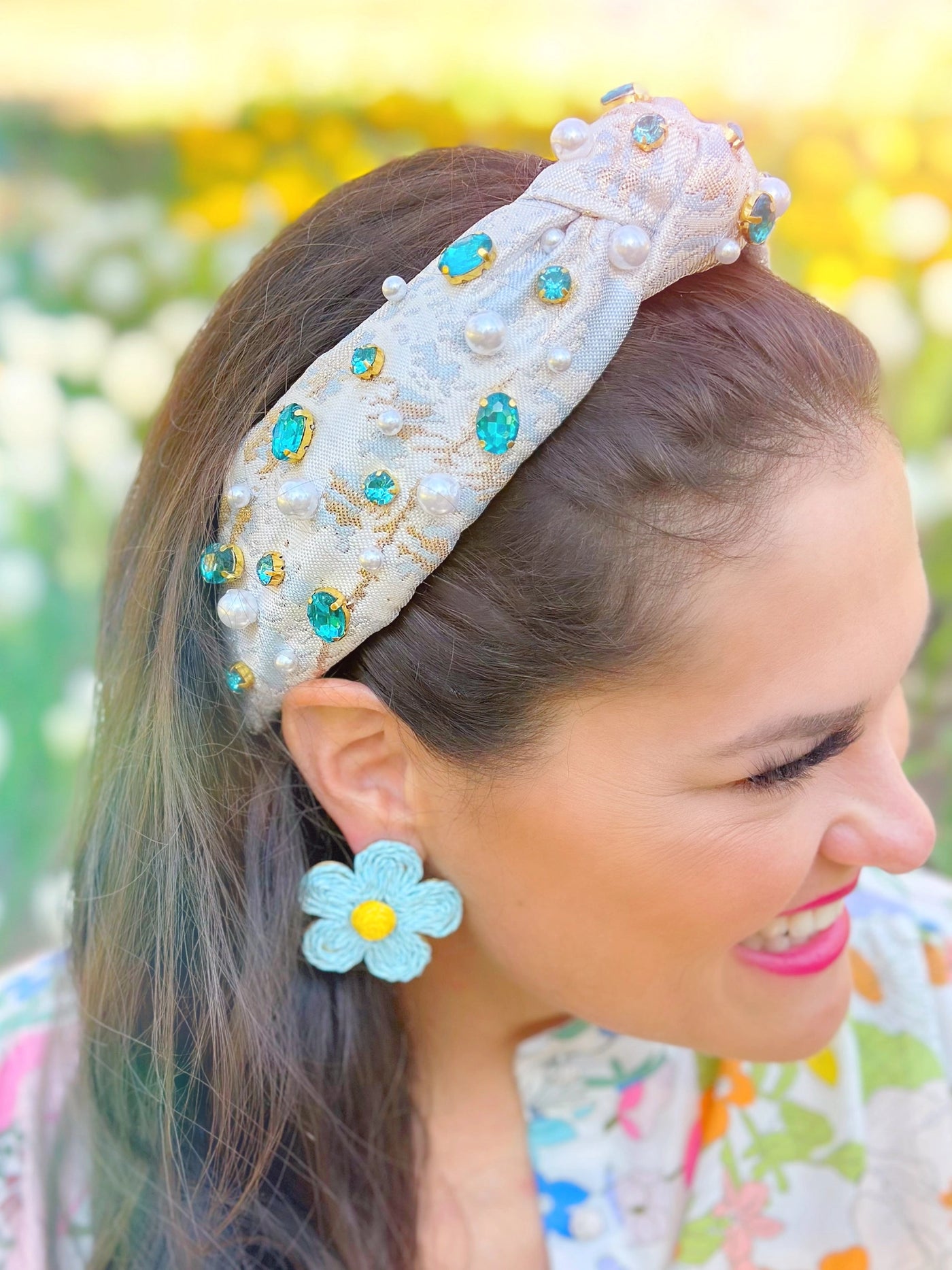 Blue Jacquard Metallic Headband with Crystals and Pearls