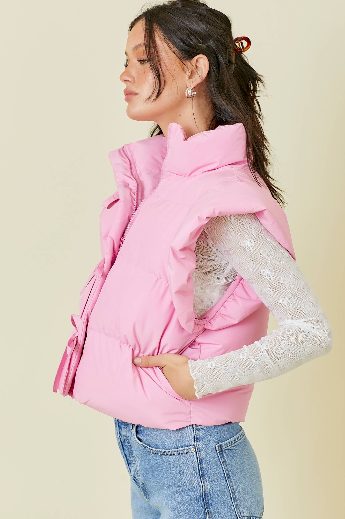 Pink Bow Tie Ruffle Puffer Vest