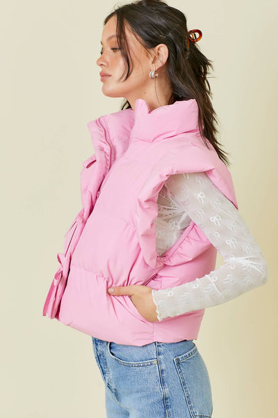 Pink Bow Tie Ruffle Puffer Vest
