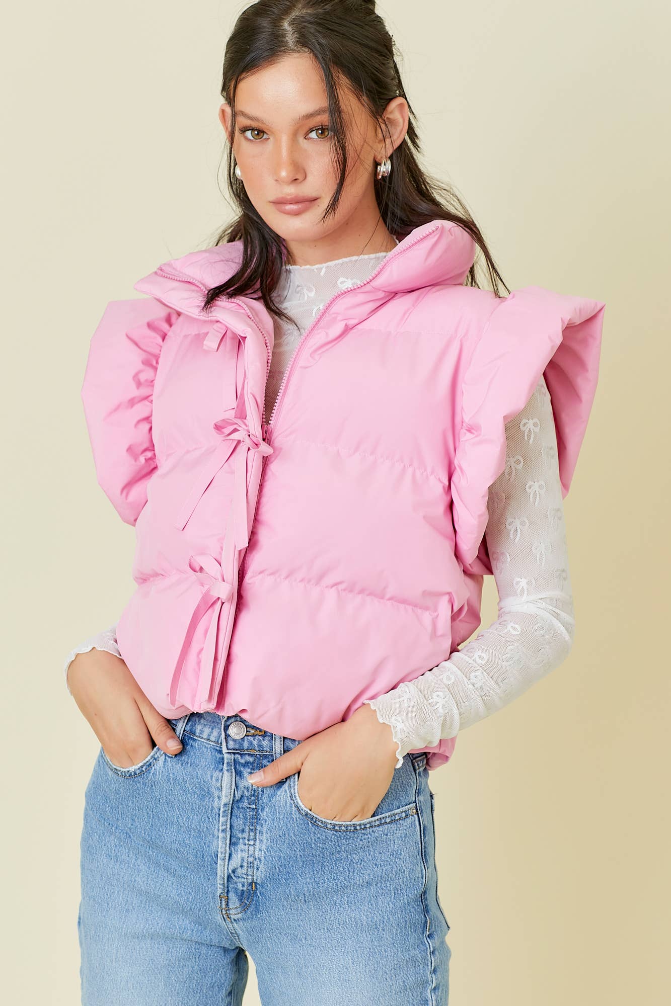 Pink Bow Tie Ruffle Puffer Vest