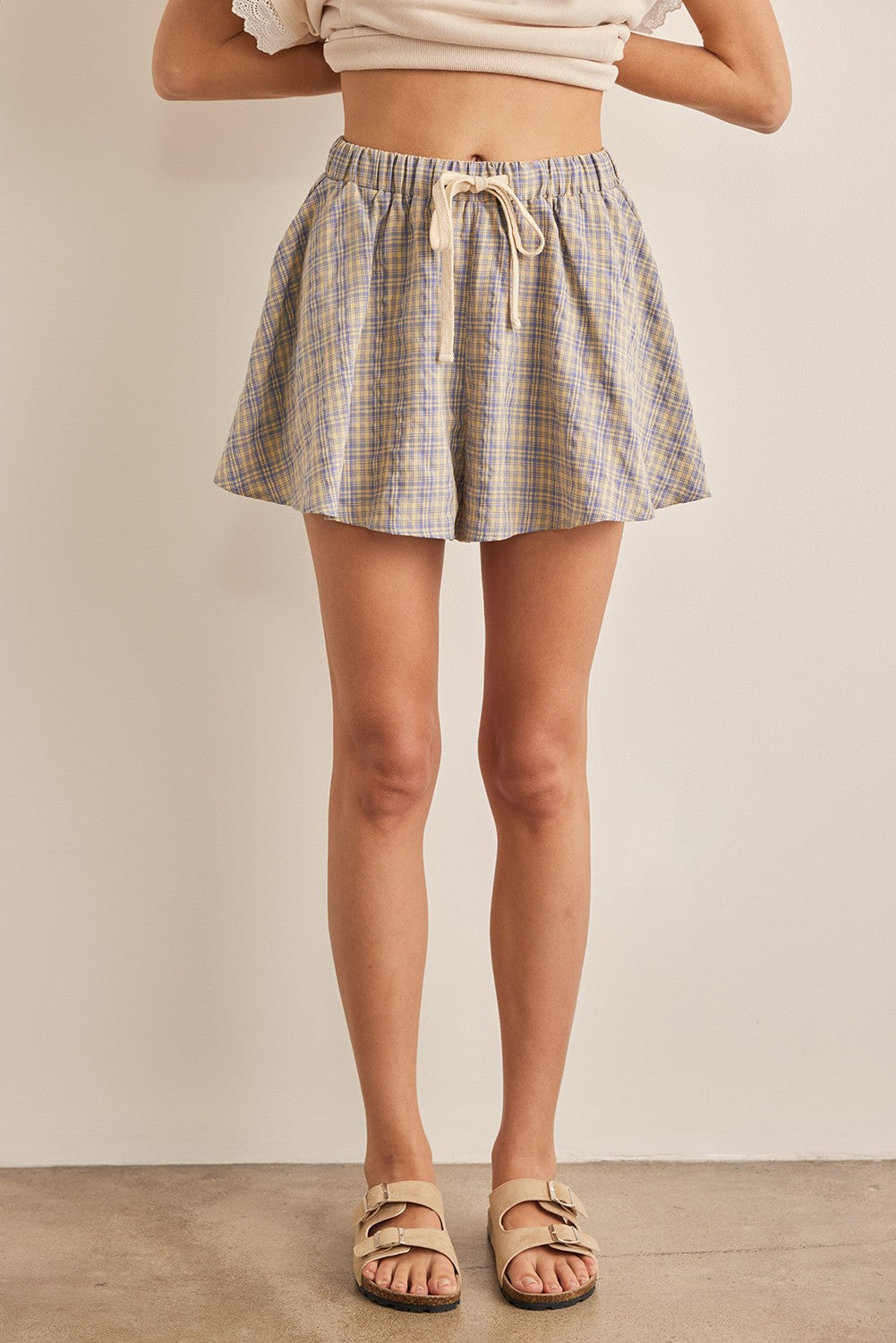 Taupe/Blue CHECK PATTERN FLOWY CASUAL SHORTS