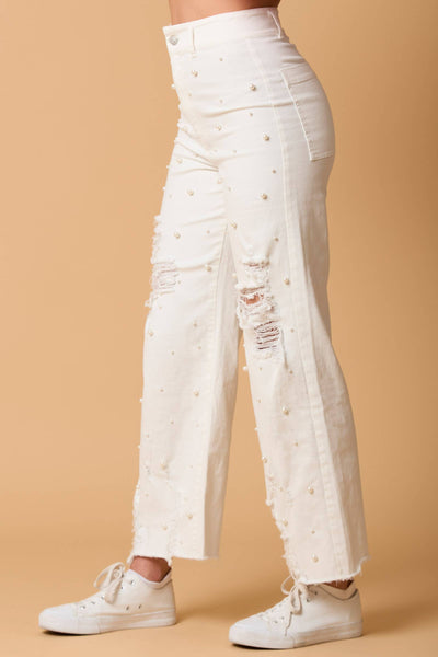 White Pearl Trim Straight Leg Pants