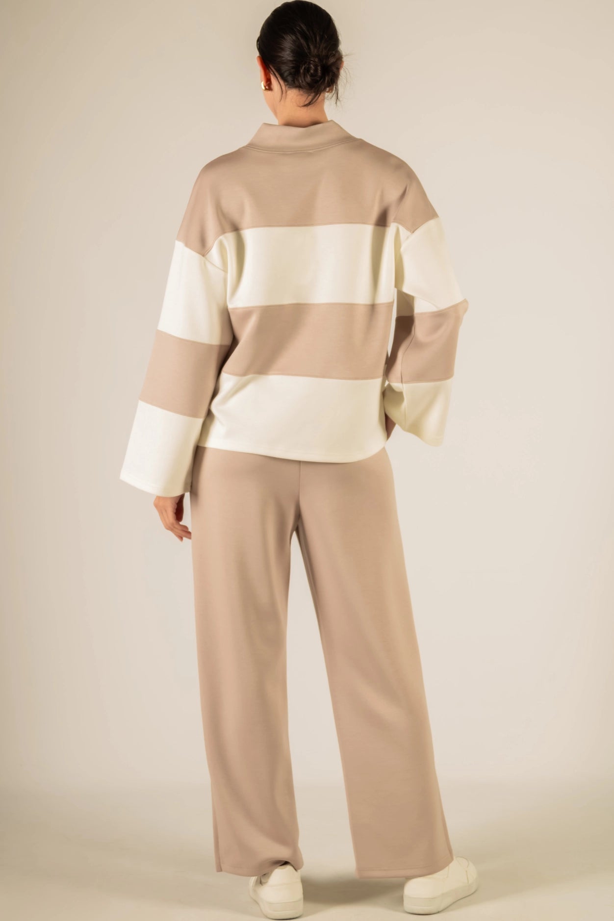 Butter Modal Taupe & Ivory Wide Sleeve Top